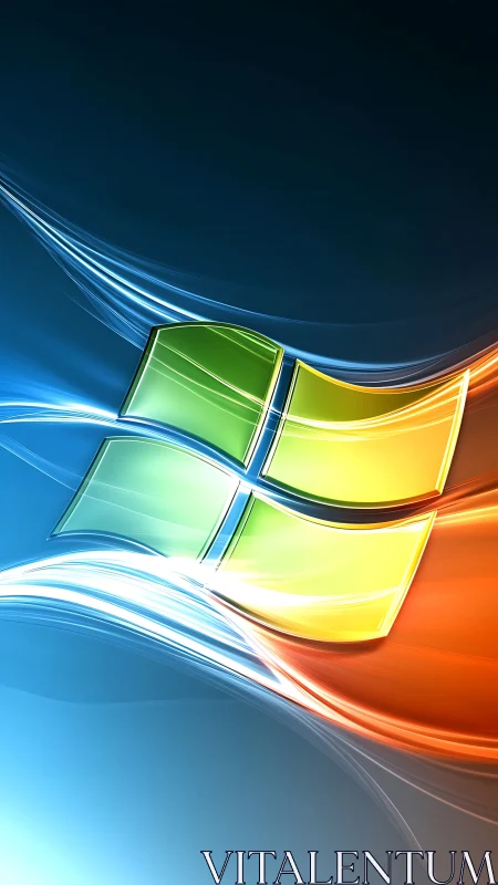 Windows-style colored logo over abstract light waves.