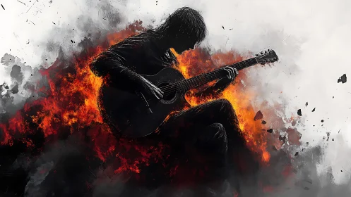 Digital painting silhouette guitarist in explosive fire burst.