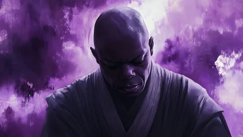 Bald robed figure in front of diffuse purple abstract field.