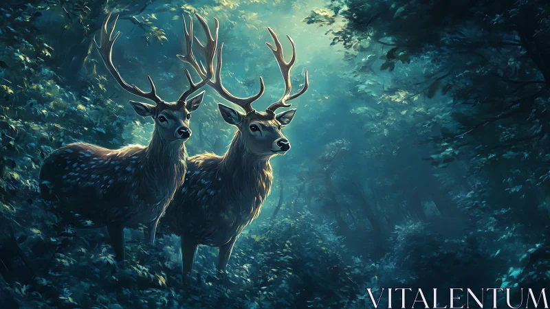 Moonlit antler guardians in a teal-whispering forest.