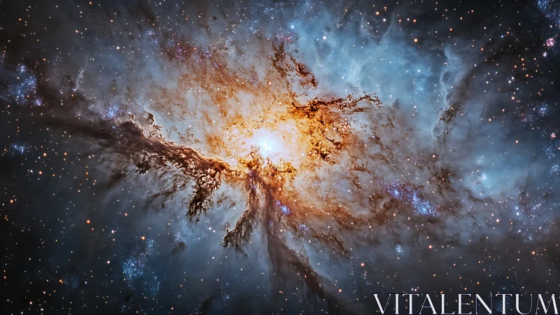 Photorealistic stellar nebula core with radiant dust structures.