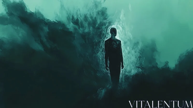 Luminous silhouette emerging from teal swirling voidscape.