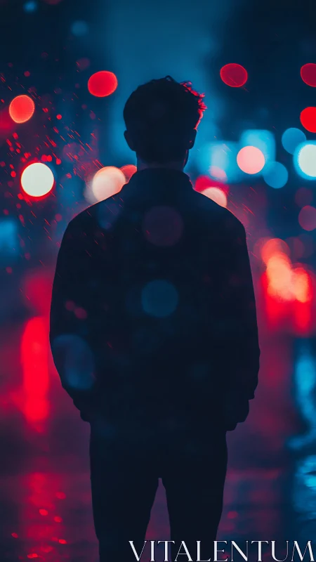 Silhouetted figure in neon bokeh rain on cyberlit city street.