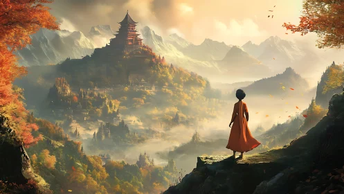 Solitary wanderer gazes toward a misty mountain temple realm