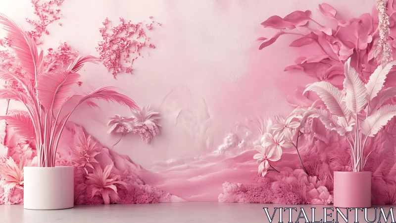 Monochrome pink botanical interior with stylized foliage wall.
