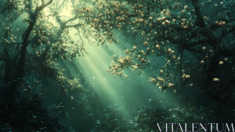 Sunlit forest canopy with flowering branches and haze.