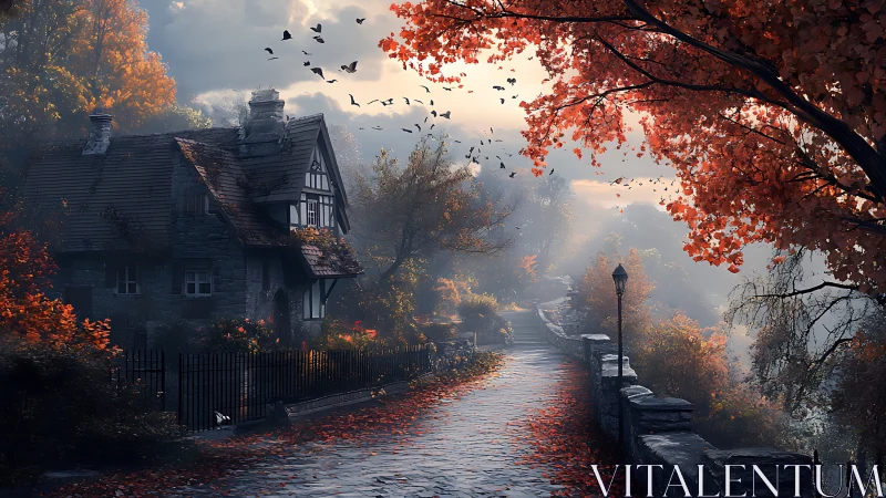 Foggy autumn lane beside cottage and falling leaves.