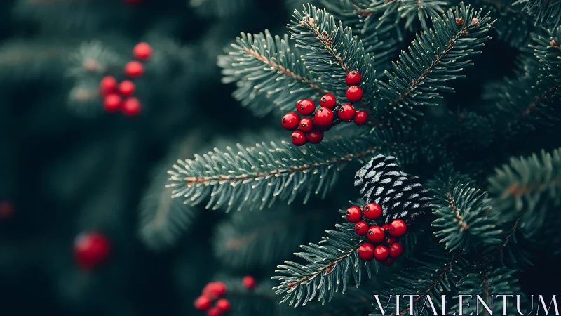 Evergreen whispers and scarlet berries in quiet winter hush.