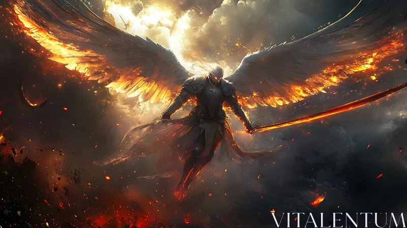 Armored seraph descends through incendiary clouds with flaming blade
