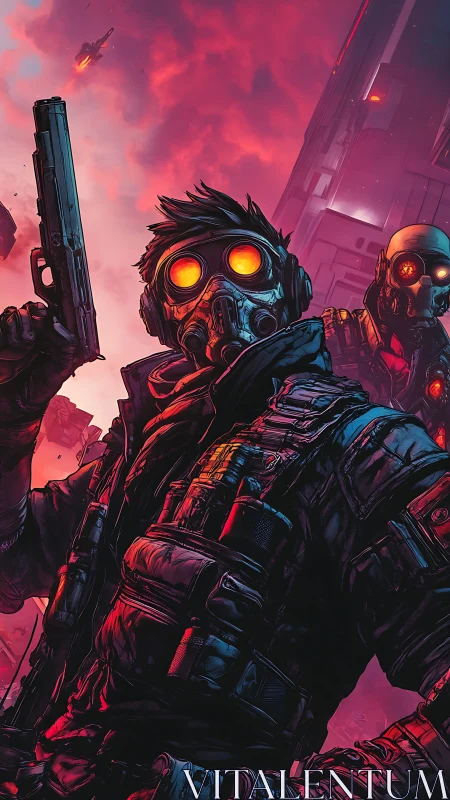 Neon sky rogues stand fearless beneath burning clouds.