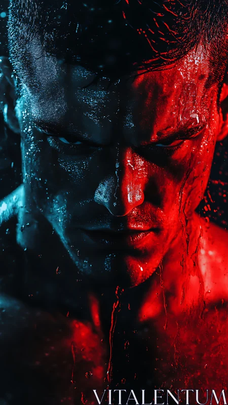 Bicolor wet portrait with split red blue cinematic lighting