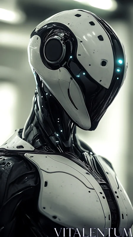 Graceful chrome android poised between calm and curiosity.