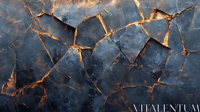 Cracked dark stone texture with golden highlights, abstract style.