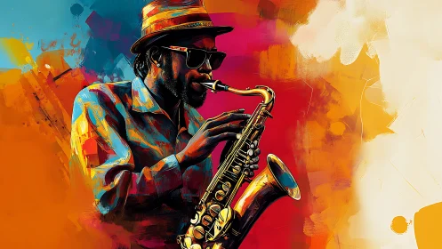 Saxophonist portrait in saturated multicolor digital artwork.