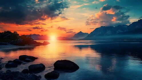 Sunset over calm lake with distant mountains and rocks.