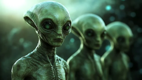 Triad of green extraterrestrial figures in shallow depth focus.