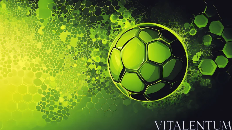 Neon soccer sphere drifts through glowing hexagon storm