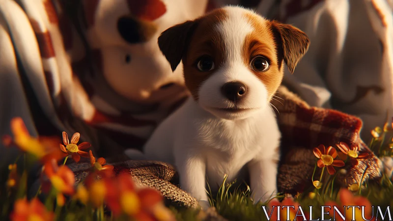 Cute brown and white puppy on blanket in flower field.