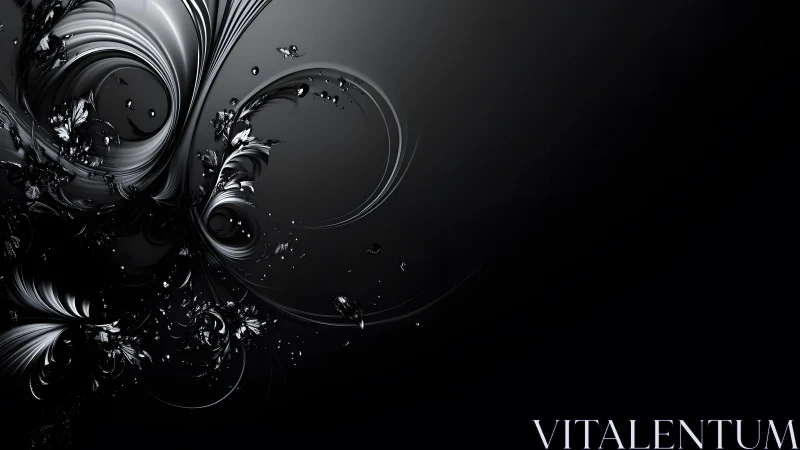 Elegant Abstract Black Swirl Design with Metallic Floral Accents.