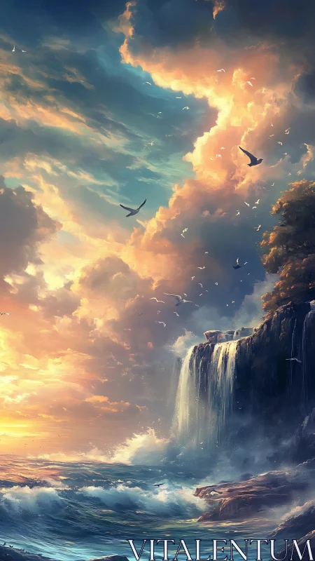 Luminous coastal waterfall under dynamically stratified sunset sky.