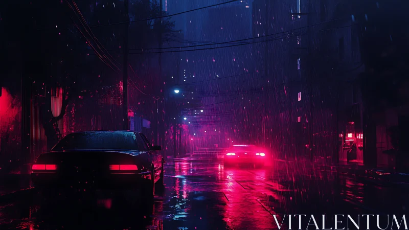 Neon rain stitches two midnight cars into electric silence