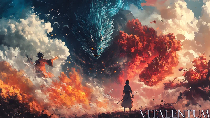 Dual warriors confronting colossal spectral wolf entity.