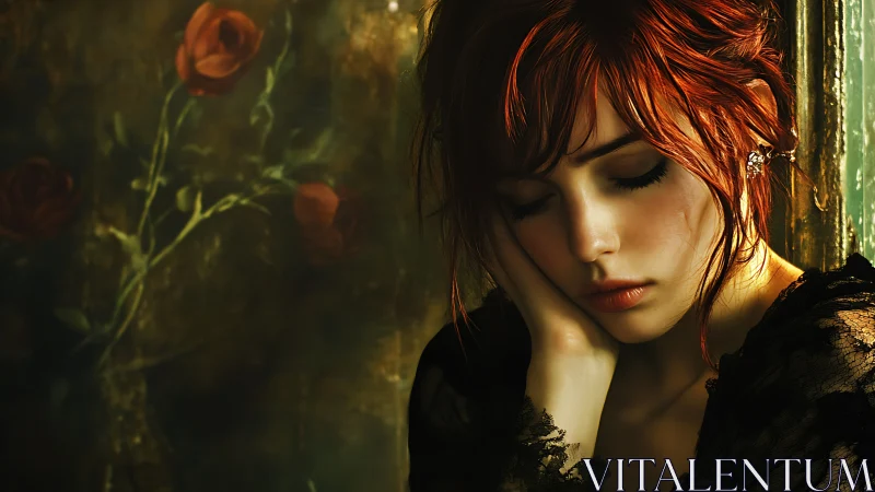 Red-haired woman in profile against floral textured backdrop.