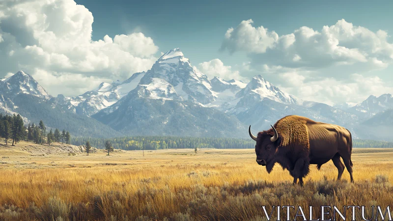 Solitary bison roaming golden plains beneath alpine peaks.
