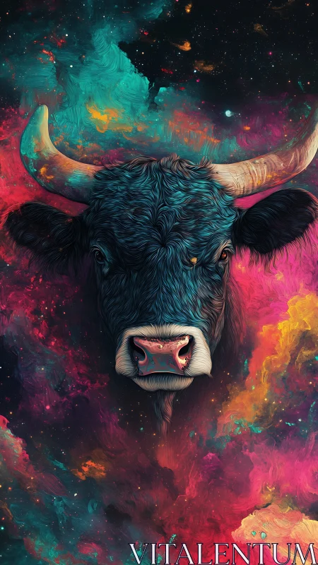 Celestial bull portrait merges cosmic nebulae with vivid strokes