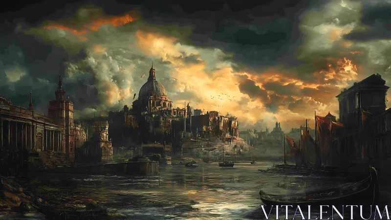 Stormlit ruined canal city with distant domed citadel.