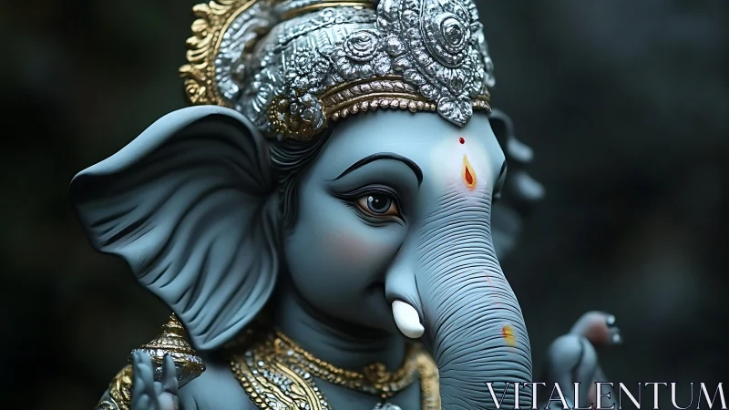 Ganesh statue portrait shows ornate silver crown and blue skin