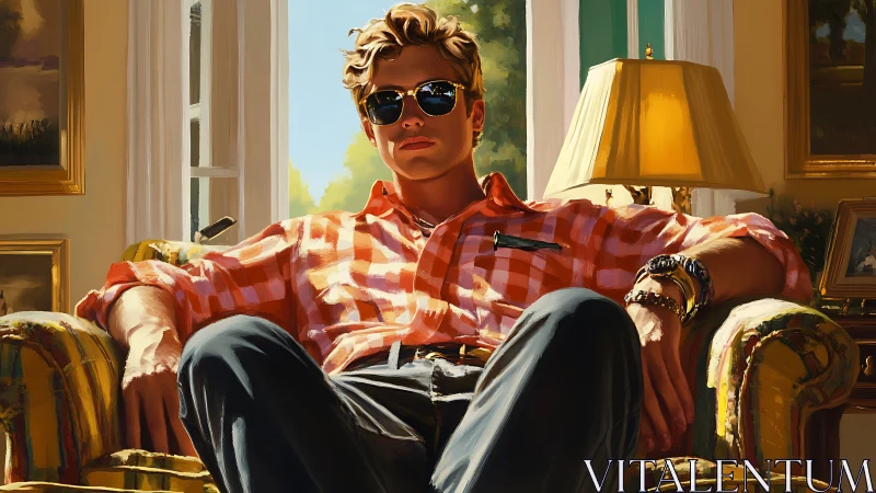 Sunlit lounge portrait of relaxed man in plaid shirt.