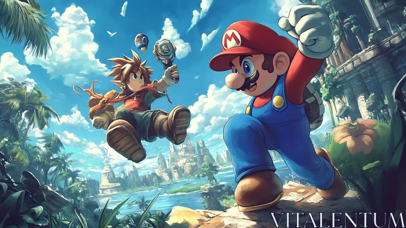 Heroic duo leap across lush skylands in bright adventure.