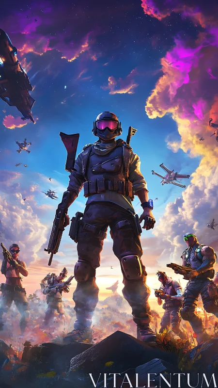 Armored squad leader dominates neon-lit sci-fi battlefield