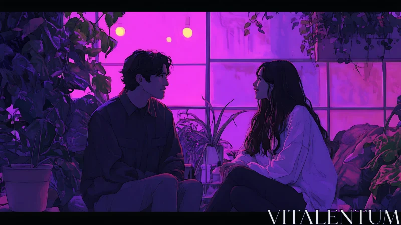 Neon greenhouse conversation under magenta gradient light.