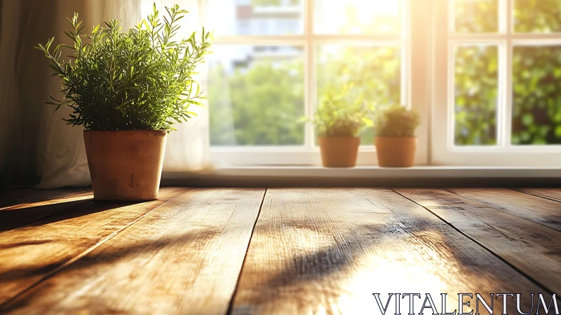 Potted herb on sunlit wooden floor before bright window
