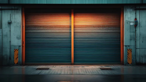 Twin steel shutters in neon dusk, humming with quiet suspense.
