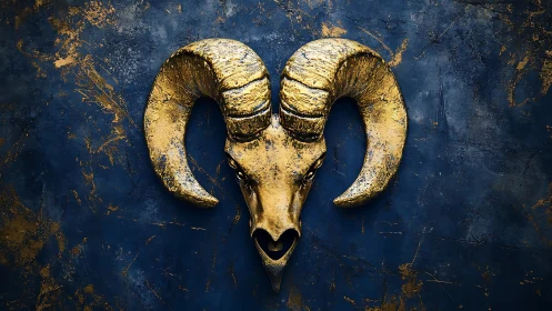 Gilded ram skull relief on distressed indigo textured field.