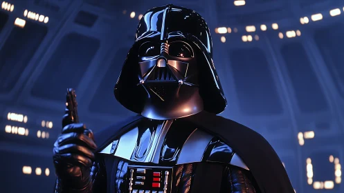 Highly reflective black armor and helmet under cool cinematic lighting