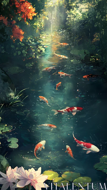 Koi fish swim through sunlit forest pond with floating lilies.