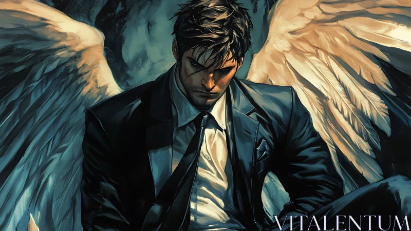 Solitary winged executive under chiaroscuro emotional load.