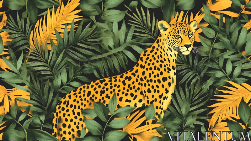 Jungle-spotted leopard glows amid lush emerald gold leaves.