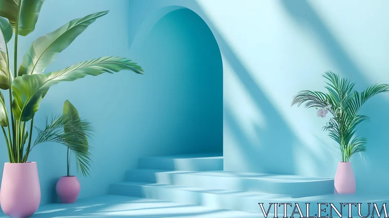 Minimalist Blue Interior with Tropical Plants and Soft Lighting. Minimalist Blue Interior with Tropical Plants and Soft Lighting.