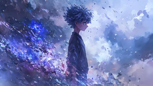 Side-profile anime figure within abstract cloud field.