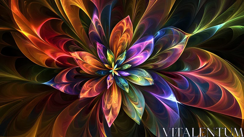 Vibrant fractal flower radiates curved luminous petals outward
