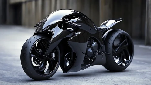 Sleek black concept motorcycle stands poised in urban shadows