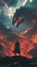 Silhouetted warrior confronts magma-lit dragon in volcanic ravine