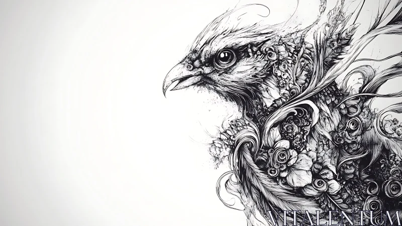Intricate ink illustration of a bird with floral and feather details.