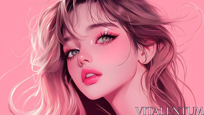 Digital portrait shows stylized young woman on pink background