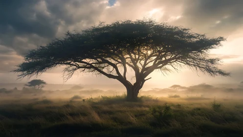 Solitary flat‑topped tree in misty savanna at sunrise.